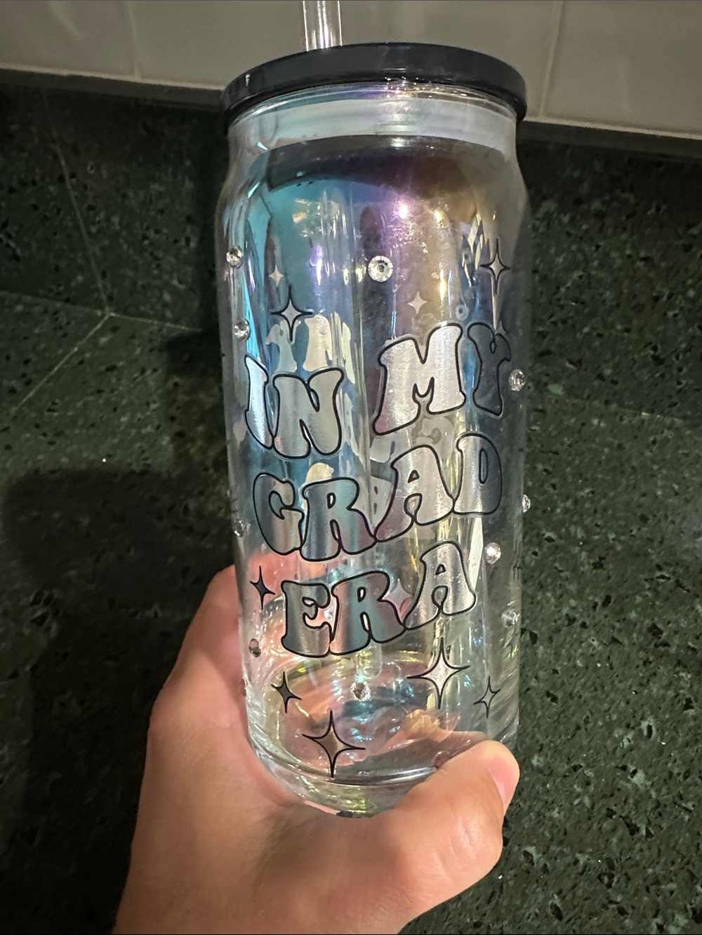 Kohl's Iridescent 'I'M MY GRAD ERA' Glass Tumbler with Black Lid and Glass Straw